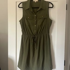 Sleeveless Shirt Dress, Point Collar, Drawstring Waist - Size Large